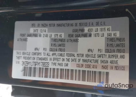 2015 Mazda Mazda3 I Sport z USA, uszkodzony, nr VIN 3MZBM1U79FM178633